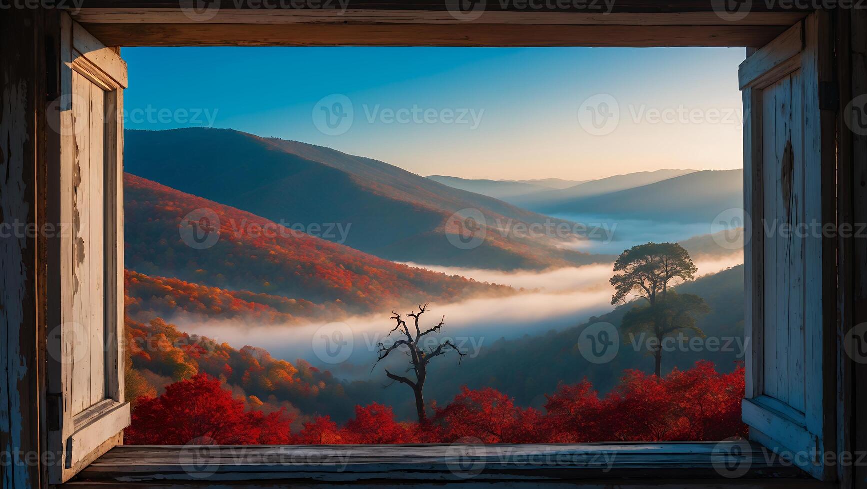 Autumn Mountain View Through Open Window at Sunrise photo
