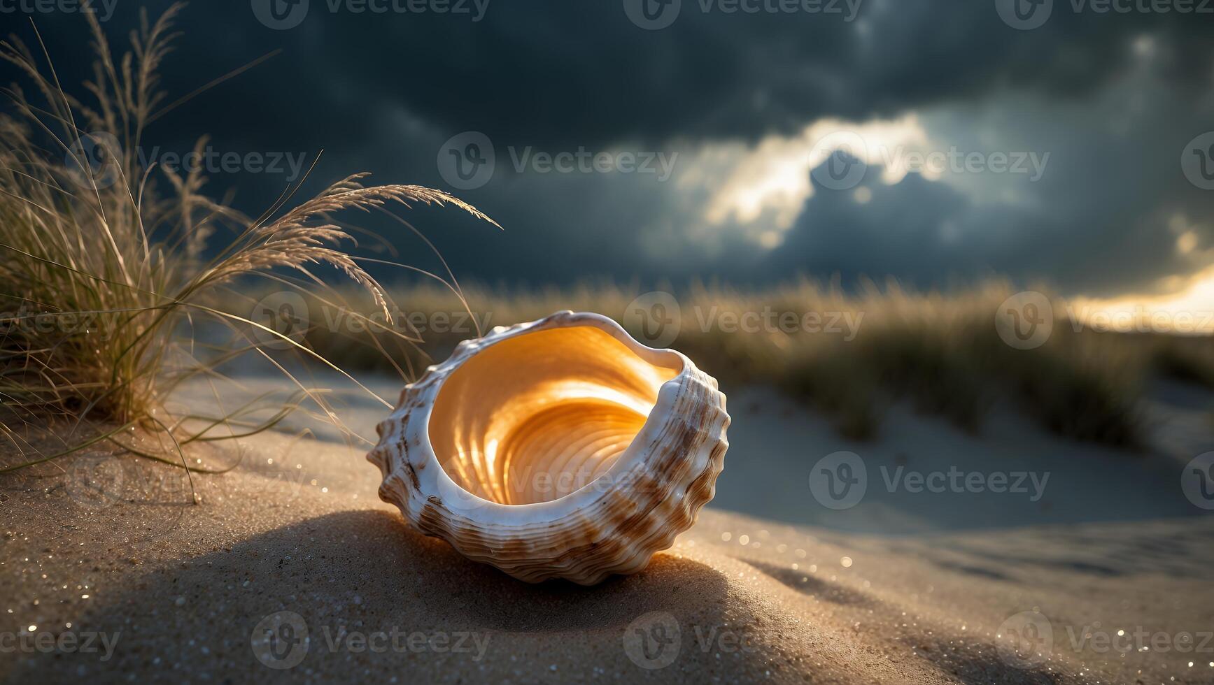 Seashell on Sand Beach with Cloudy Sky photo