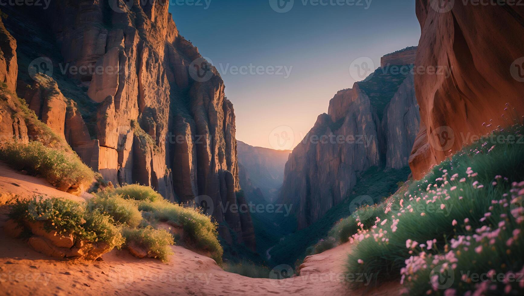 Scenic Canyon Landscape with Wildflowers at Sunrise photo