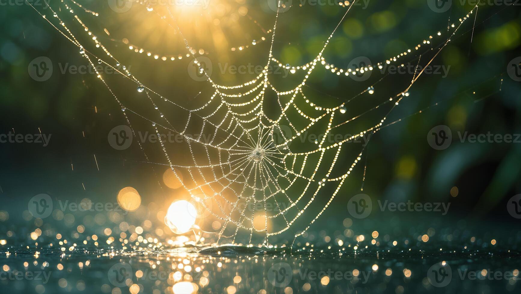 Spiderweb Covered in Dew Drops with Sunlight photo