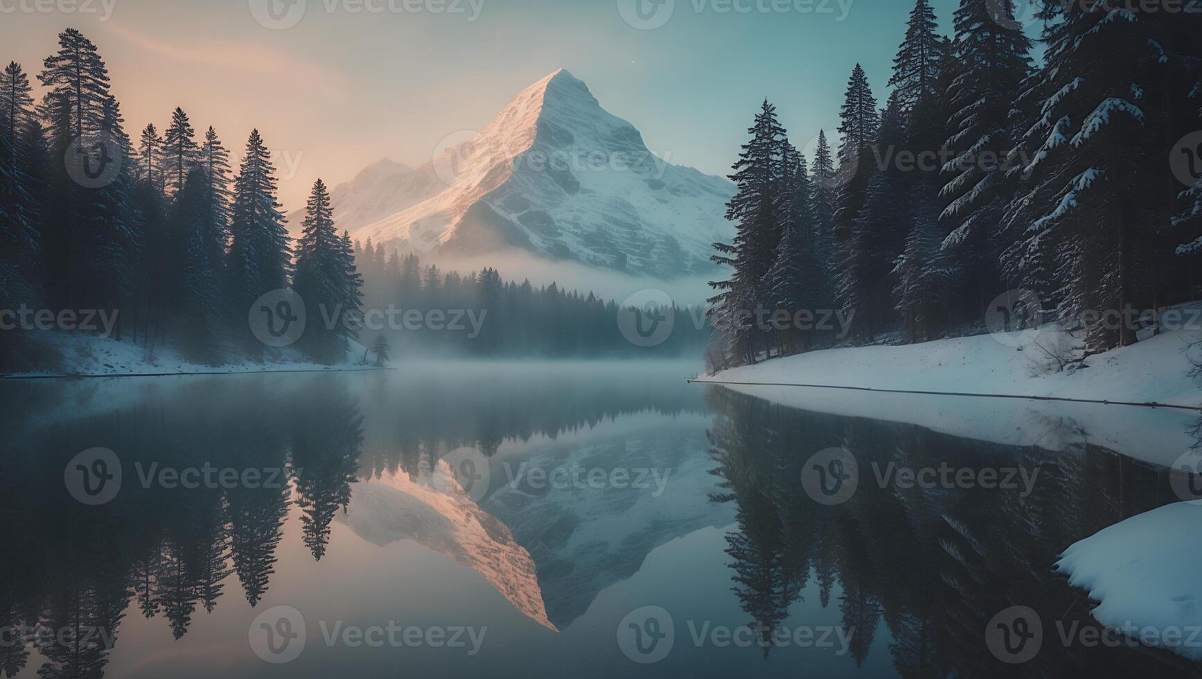 Snowy Mountain Reflection in Lake with Evergreen Trees photo
