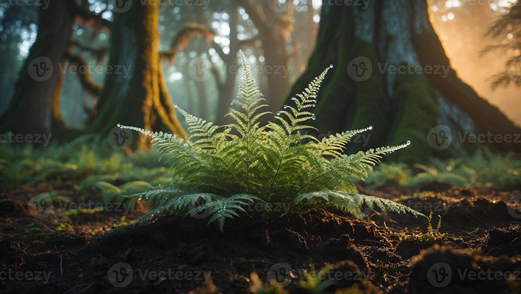 Fern in Forest with Tree and Sunlight photo