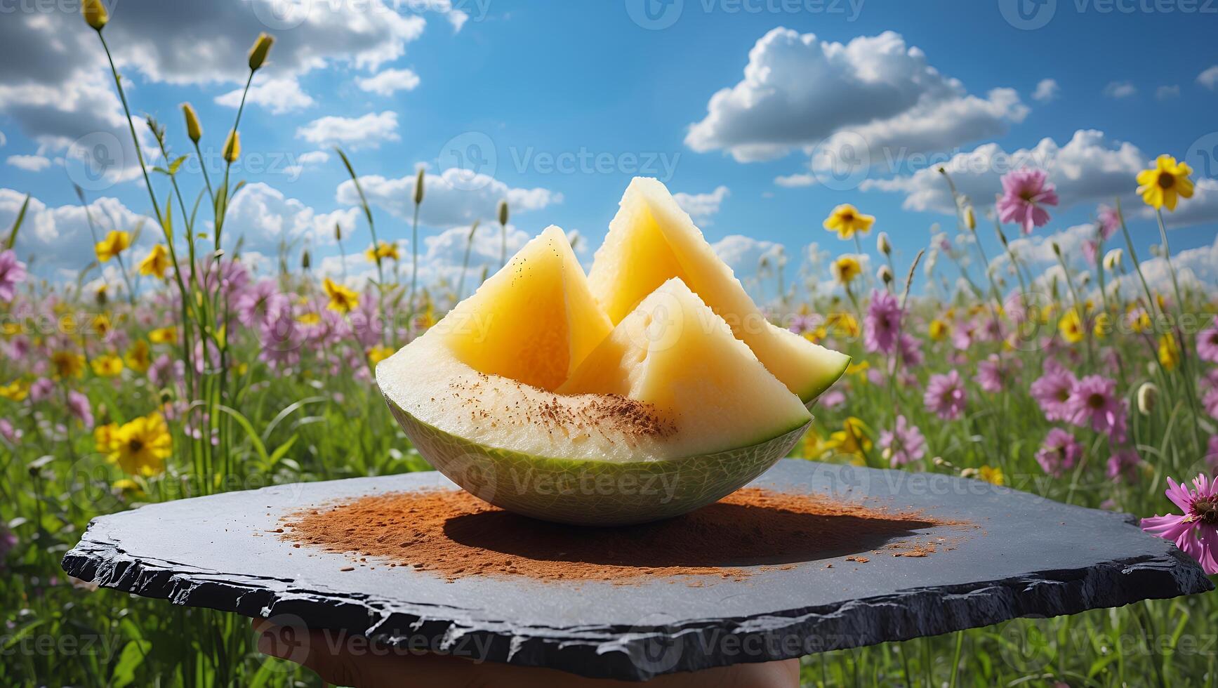Yellow Melon Slices on Stone Plate in Flower Field photo