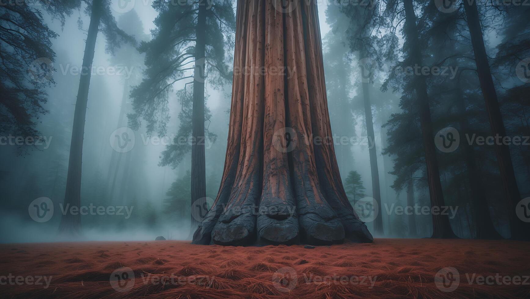 Sequoia Tree in Misty Forest with Red Ground photo