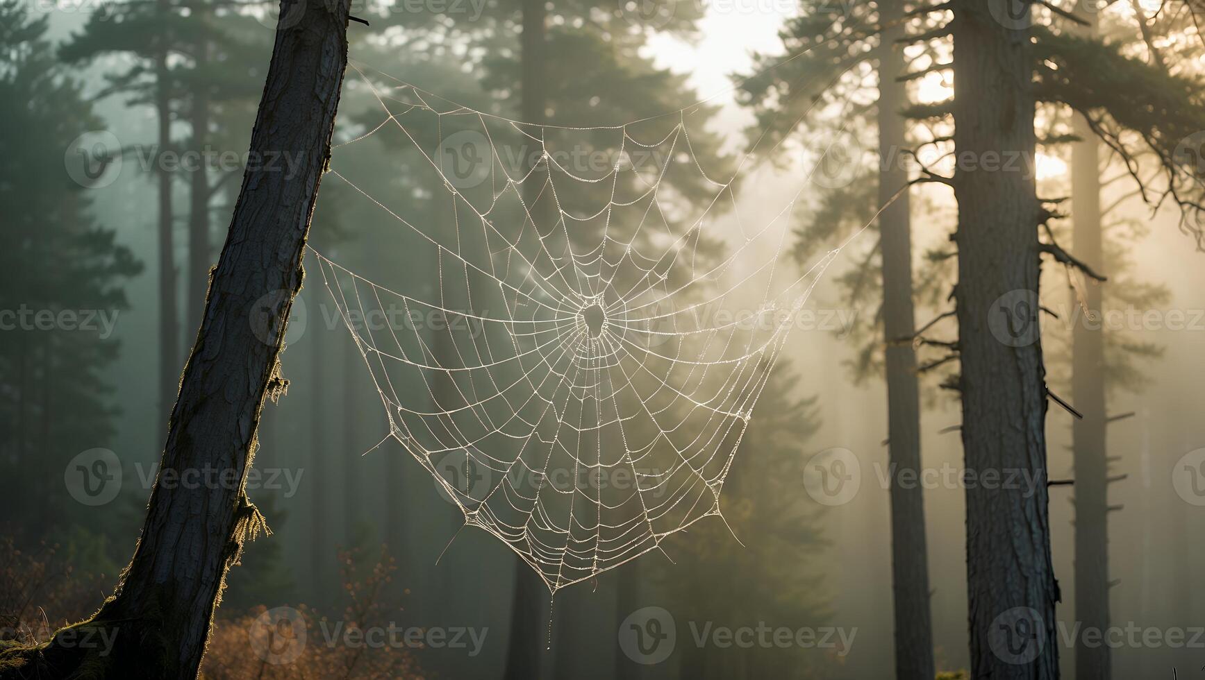 Spiderweb in a Forest Setting with Trees and Fog photo