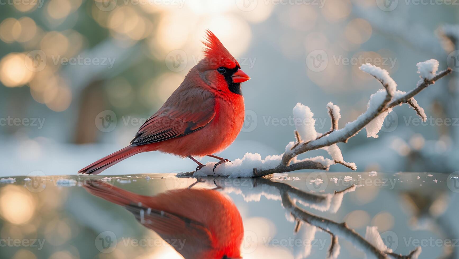 Cardinal Bird Perched on Snow Covered Branch in Winter photo