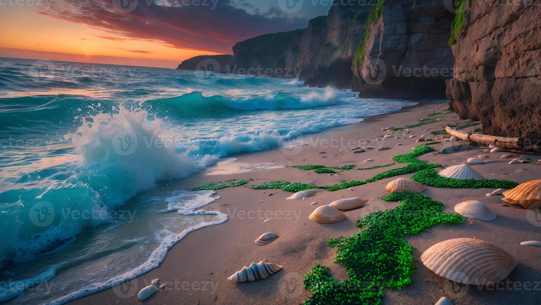 Ocean Wave on Beach at Sunset with Cliff and Seashells photo