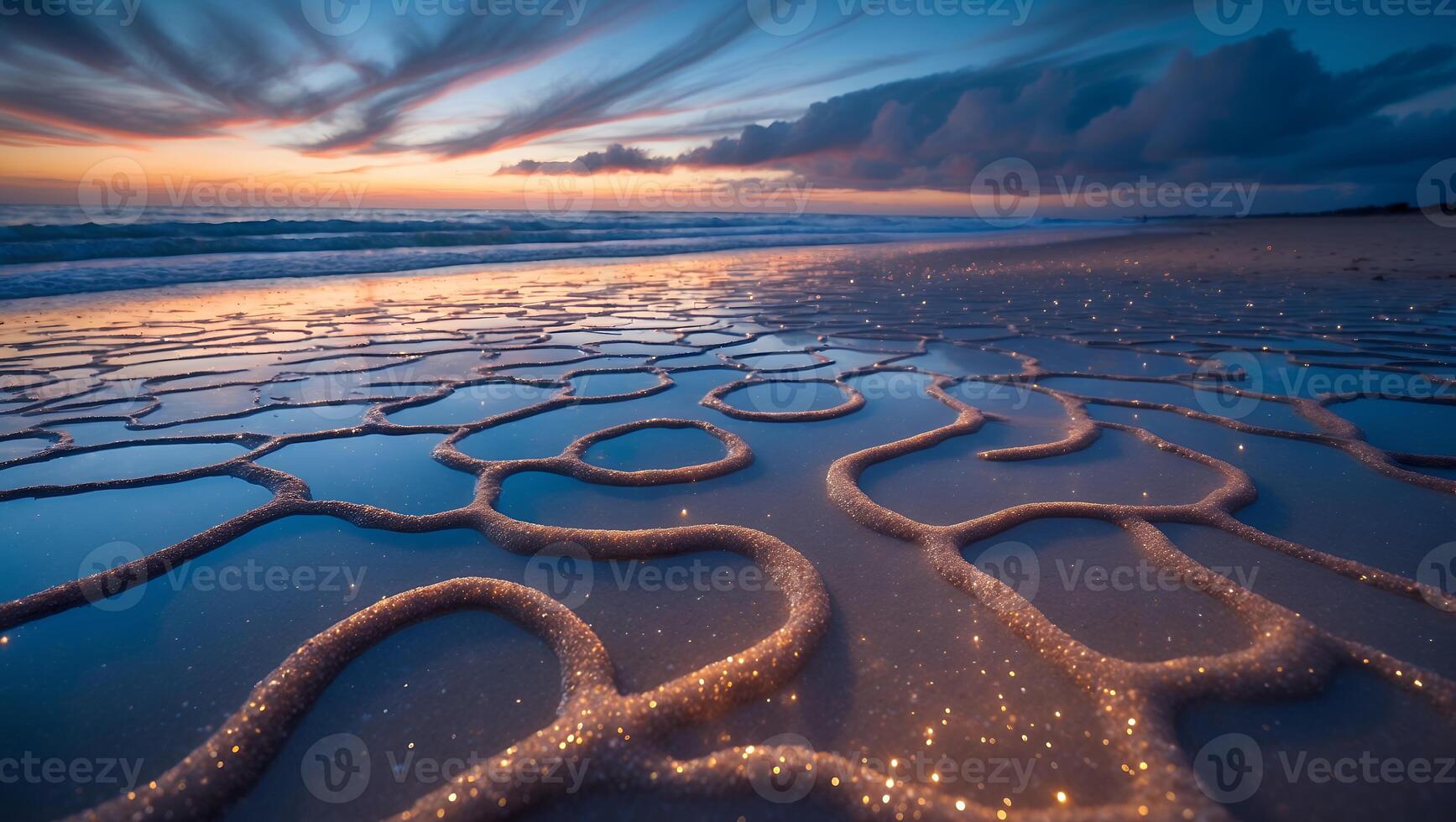 Sandy Beach with Sunset and Patterns on the Sand photo