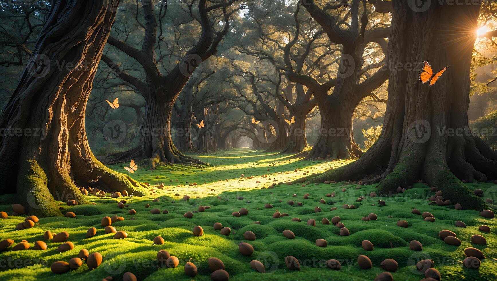 Forest Path with Butterfly Oak Trees and Sun photo