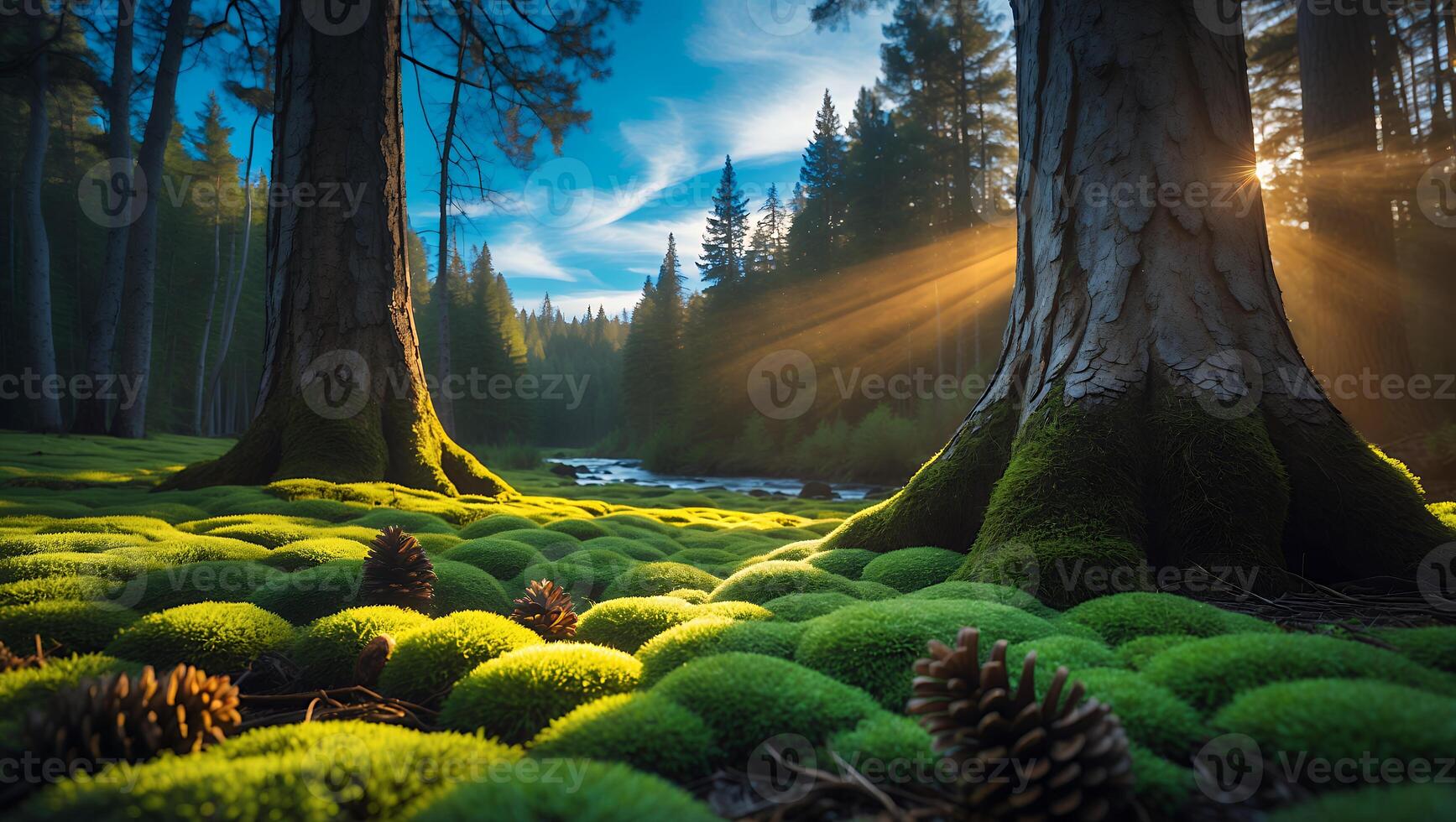 Forest Landscape with Trees Moss Sun and River photo