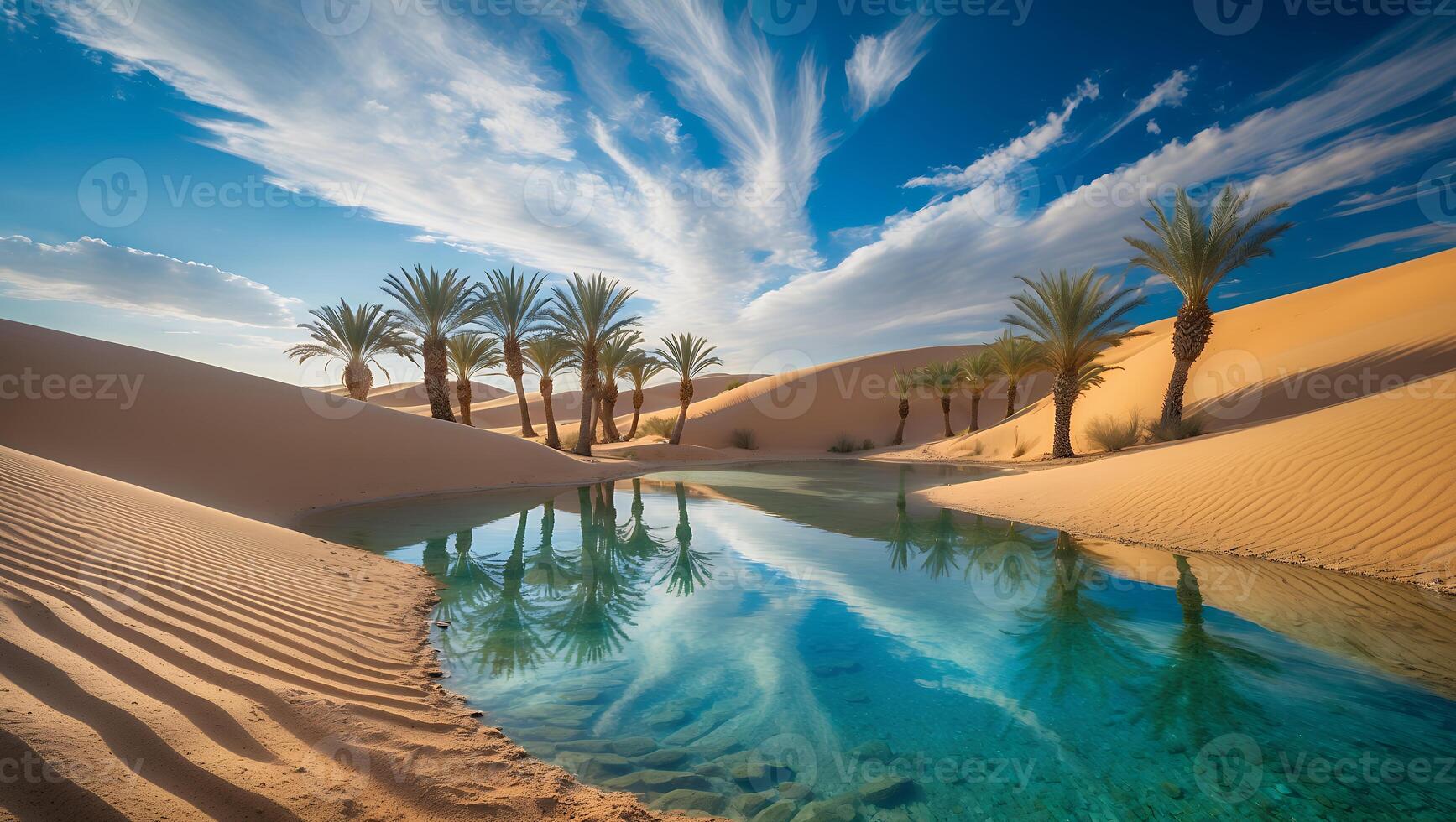 Desert Oasis with Palm Trees and Clear Water photo