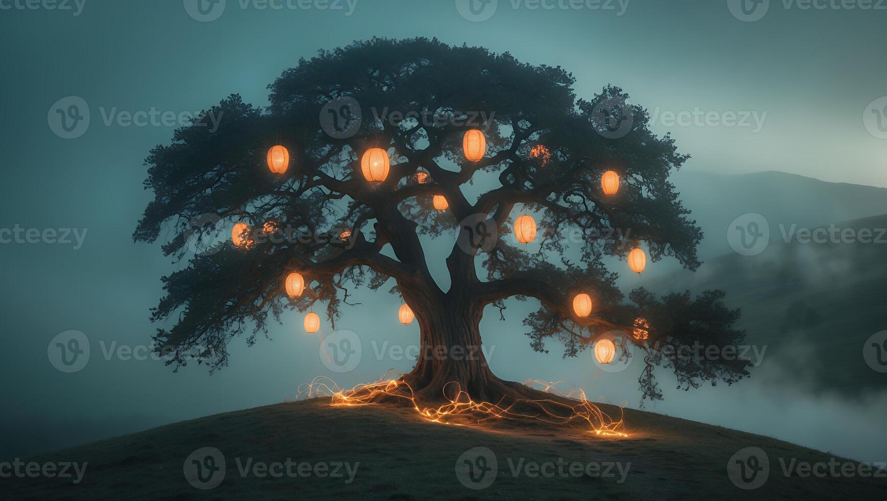 Magical Tree with Lanterns on Hill in Foggy Landscape photo