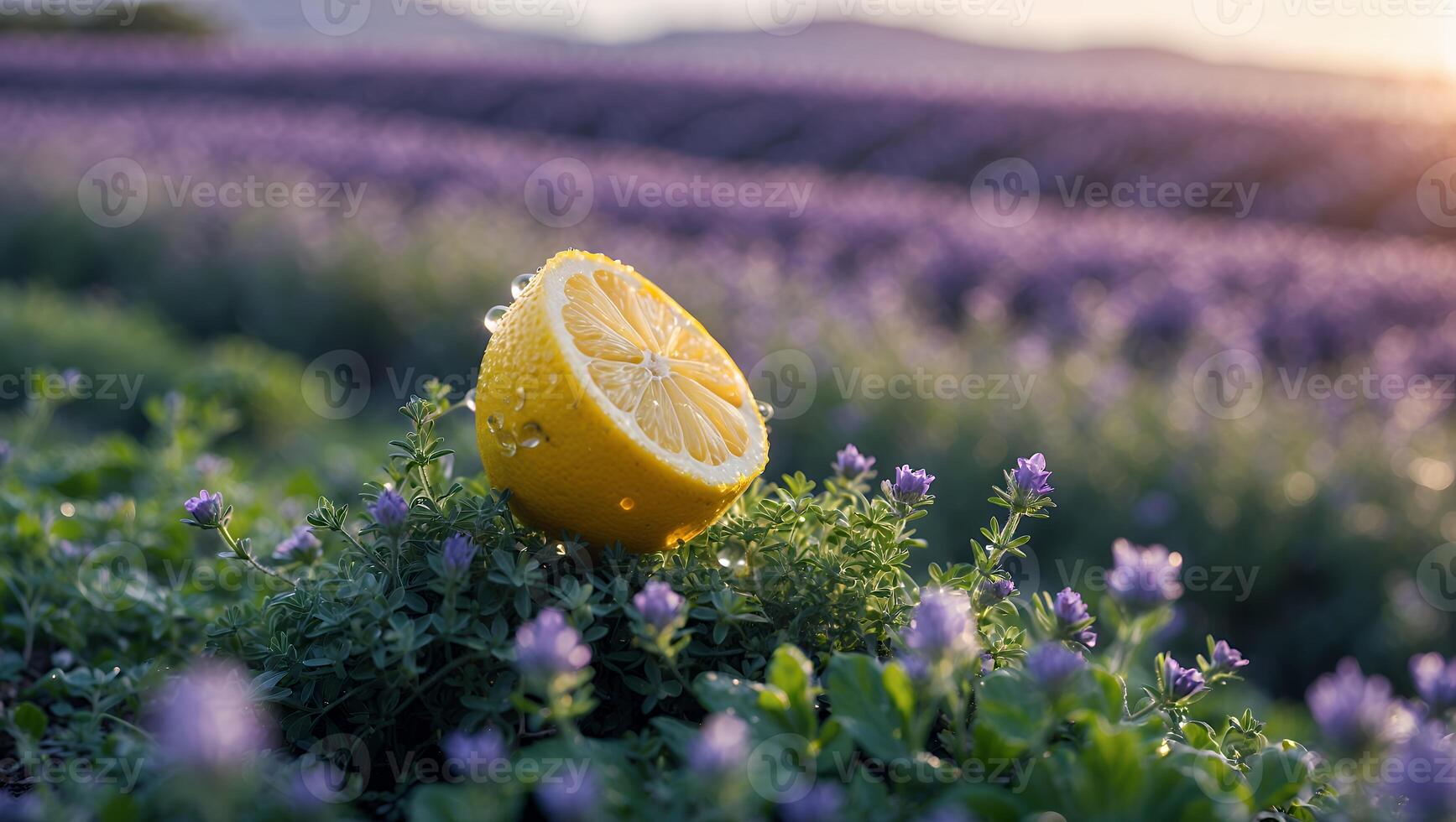 Lemon Half on Flowers with Lavender Field in Background photo