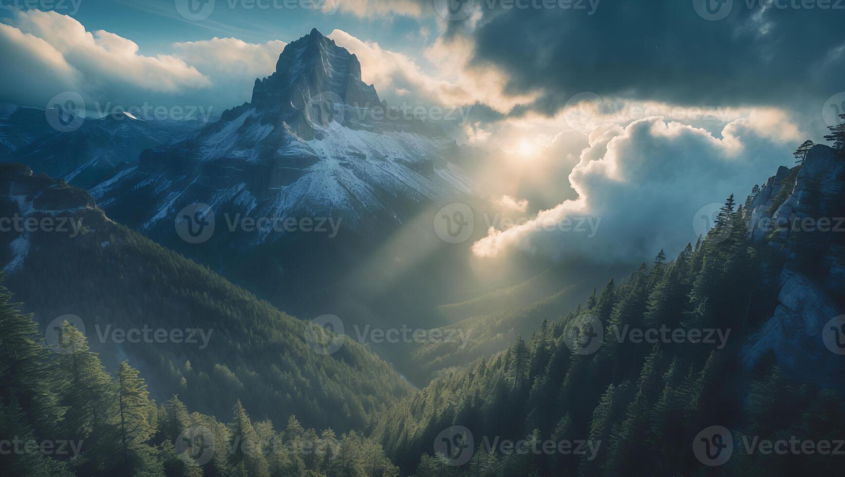 Mountain Peak Among Clouds and Forest with Sun Rays photo