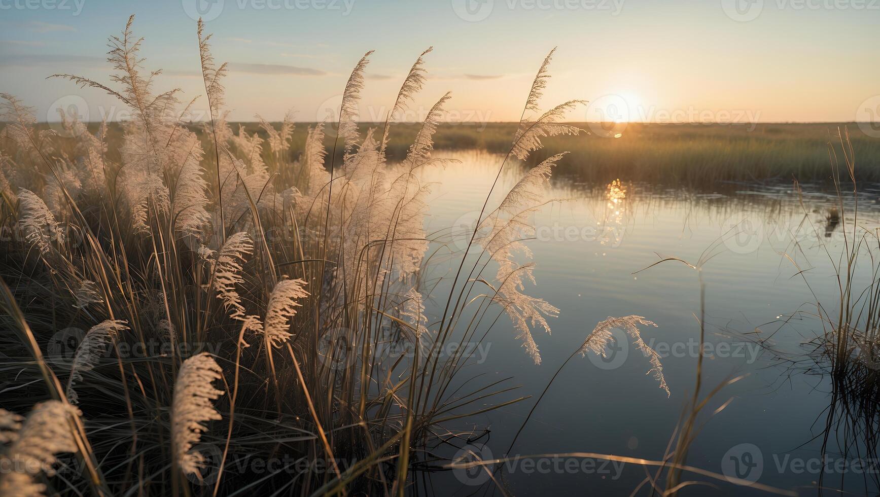 Grass Reflection in Water During Warm Sunrise photo