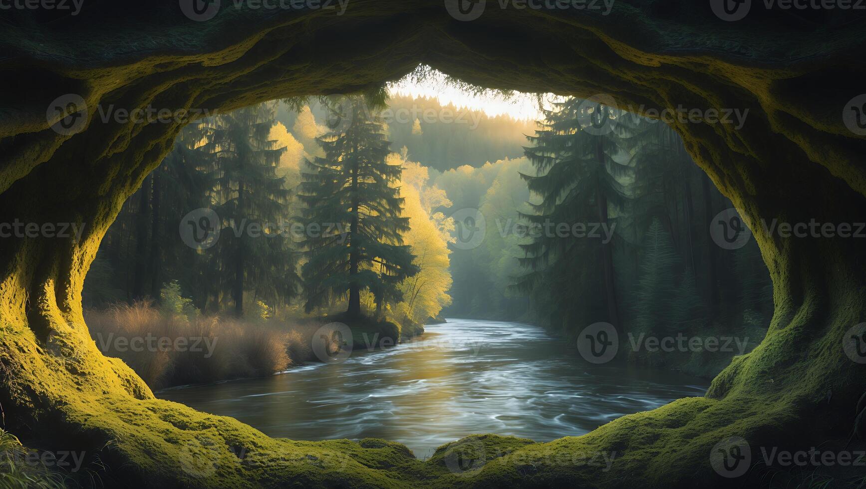 River View From Mossy Cave in Forest Landscape photo