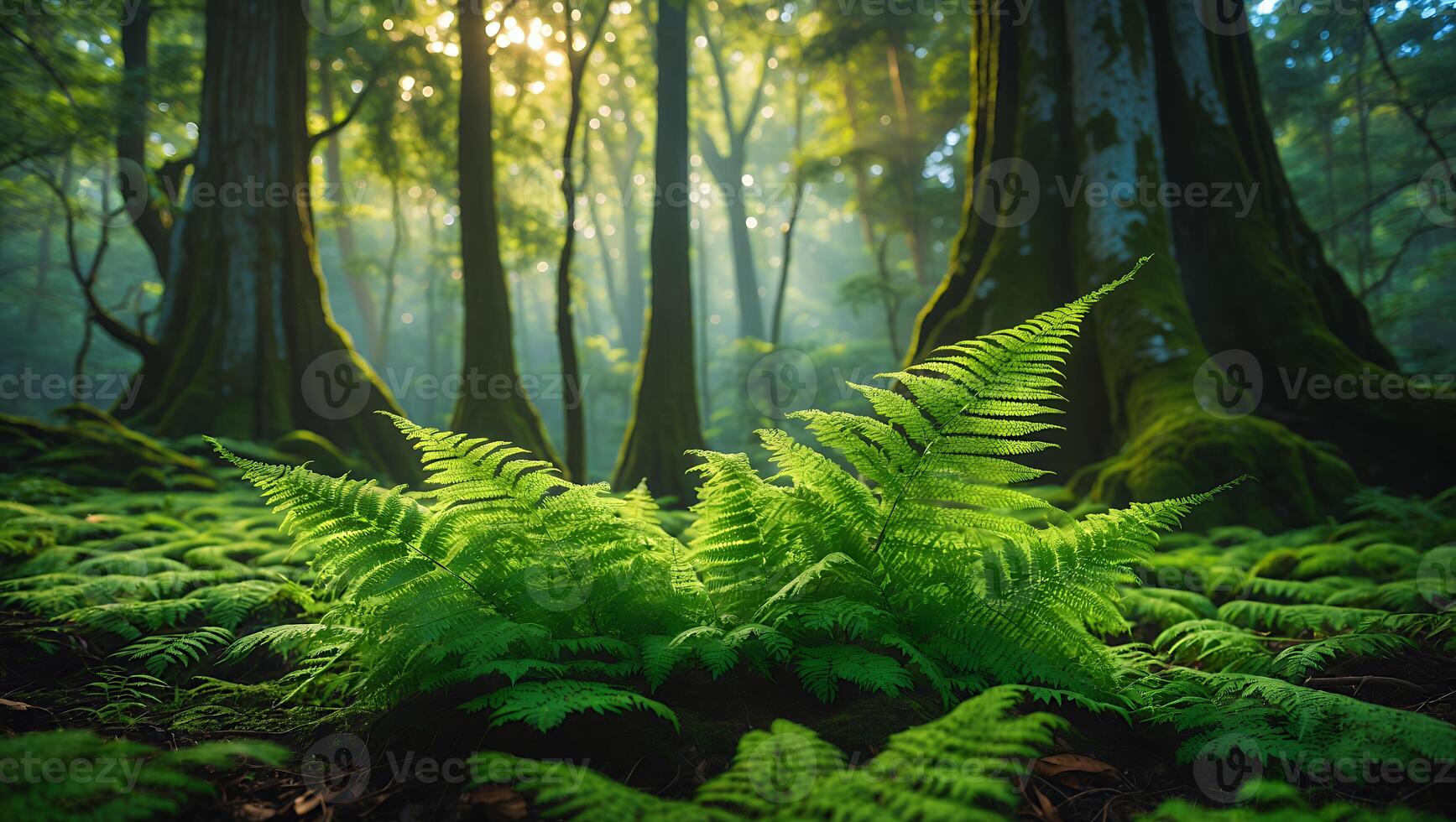 Ferns in Lush Green Forest with Sunlit Trees photo