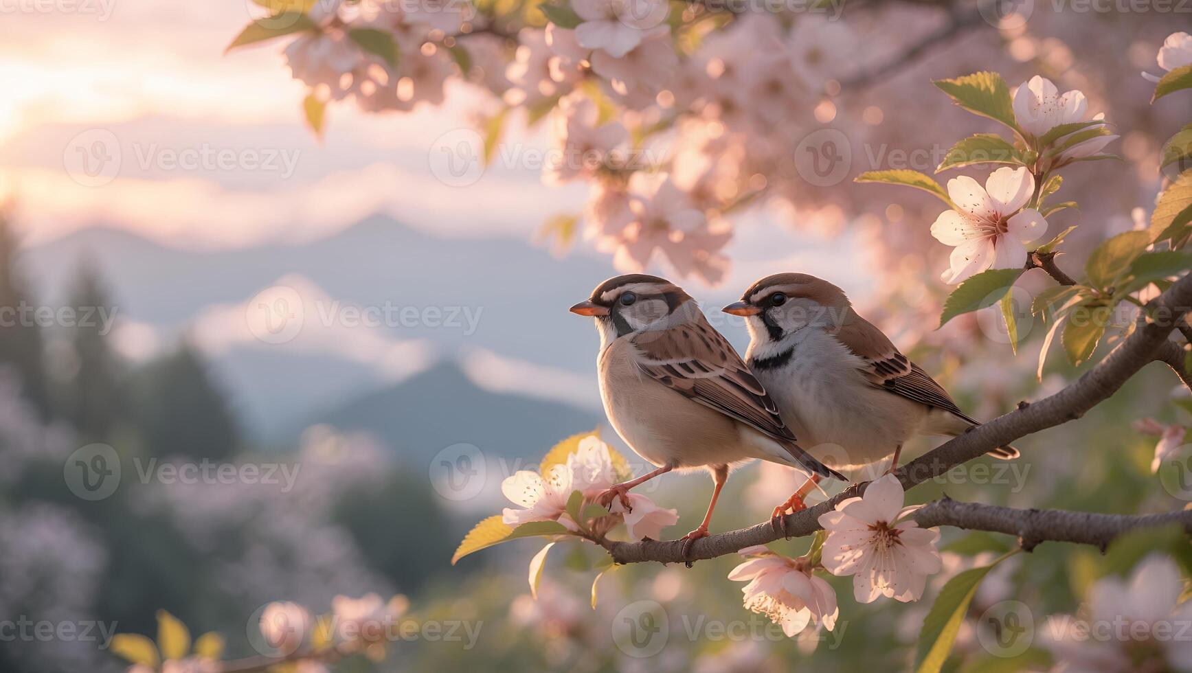 Two Sparrows on Branch with Cherry Blossom Flowers in Spring photo