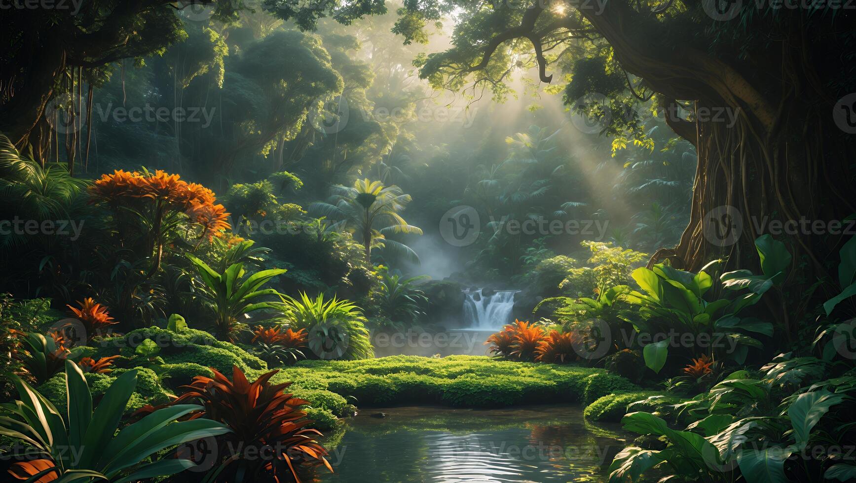 Lush Jungle with Waterfall and Plants photo