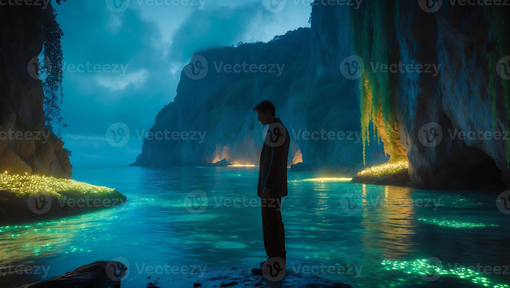 Man Standing by Blue Water Lagoon with Cave and Cliff Views photo