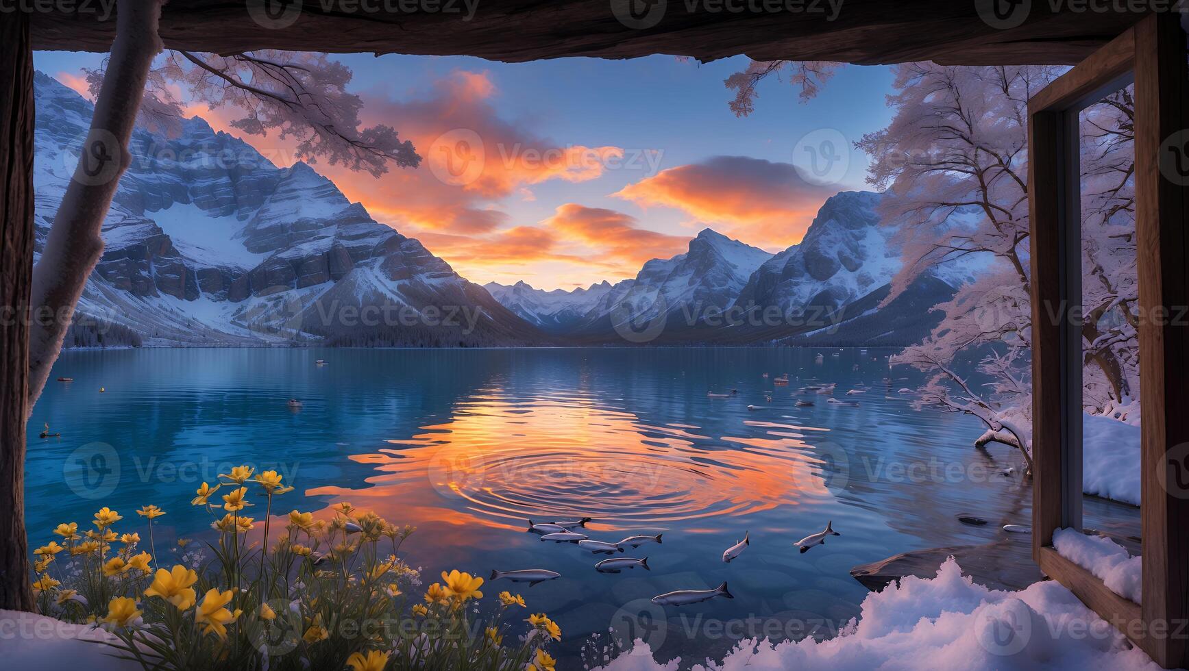 Mountain Lake View Through Window at Sunset in Winter photo
