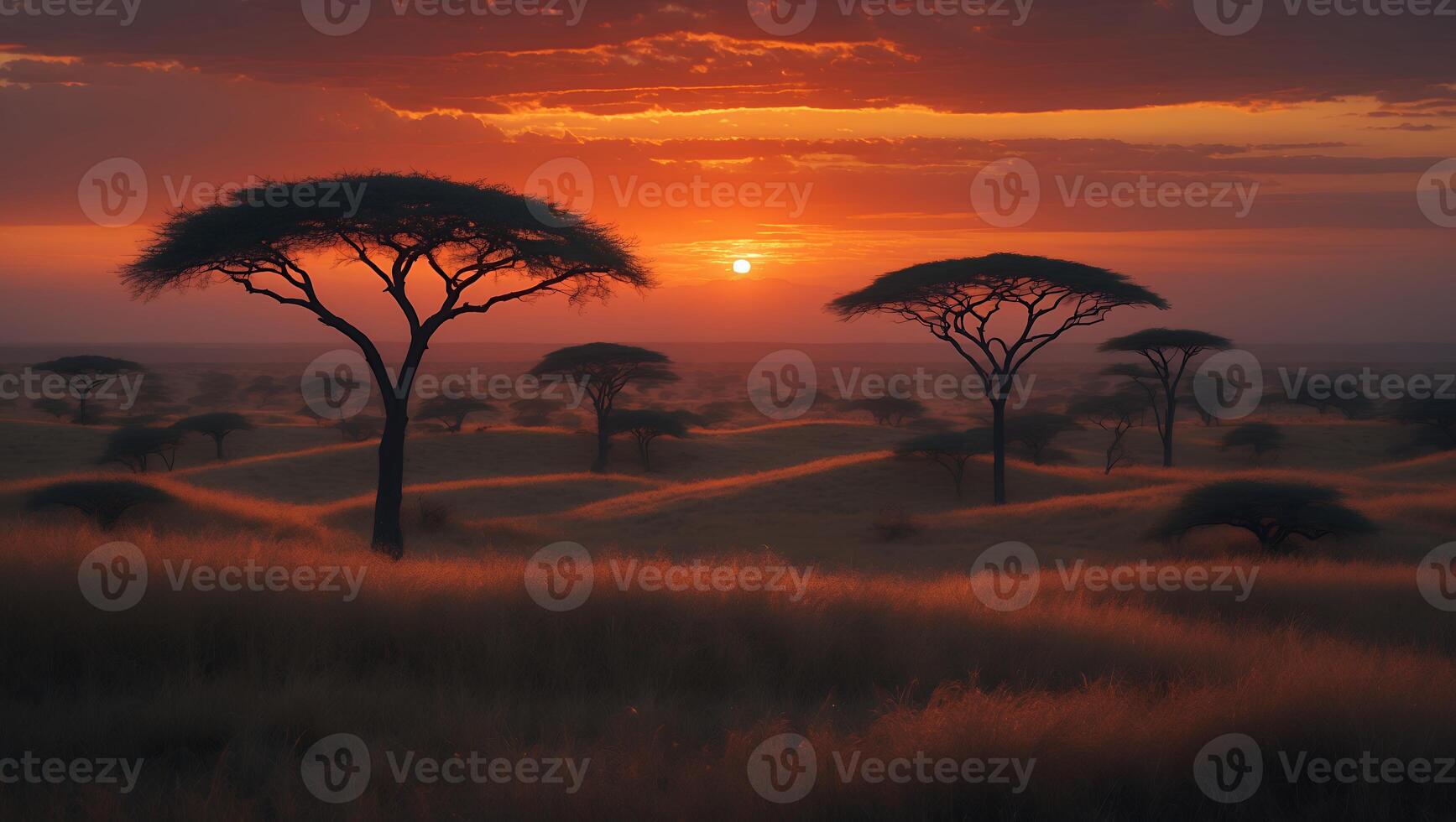 African Landscape Sunset in the Savannah with Trees photo