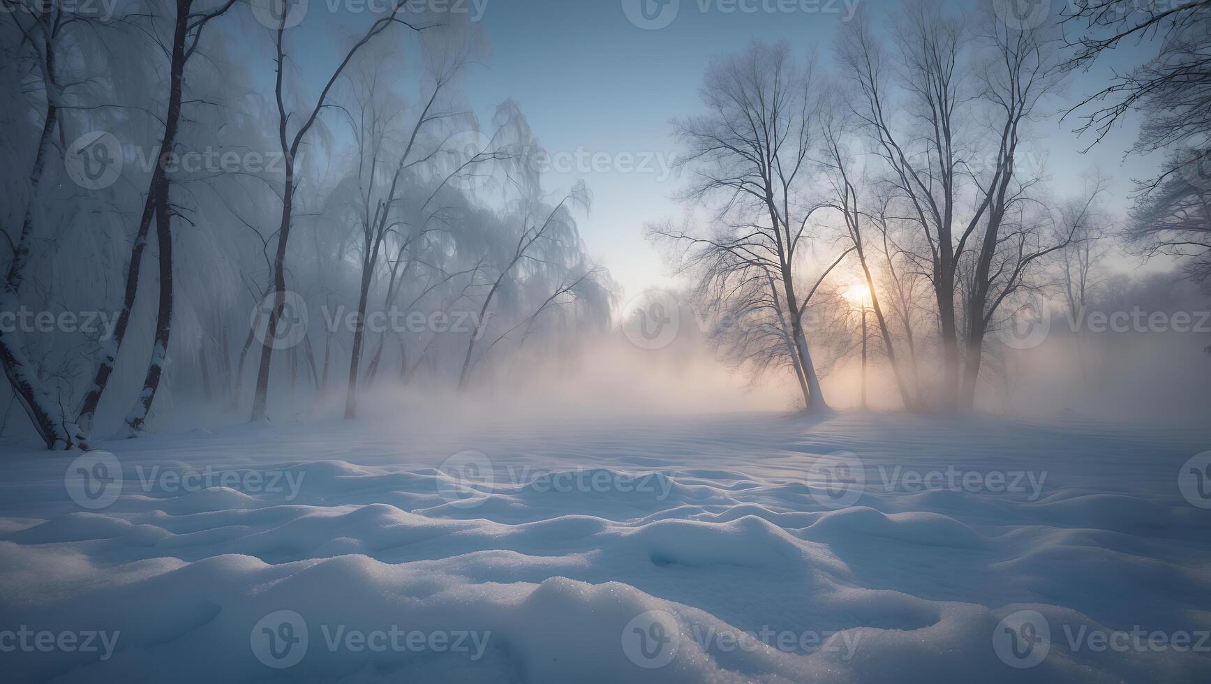 Winter Snow Covered Landscape with Fog and Trees photo