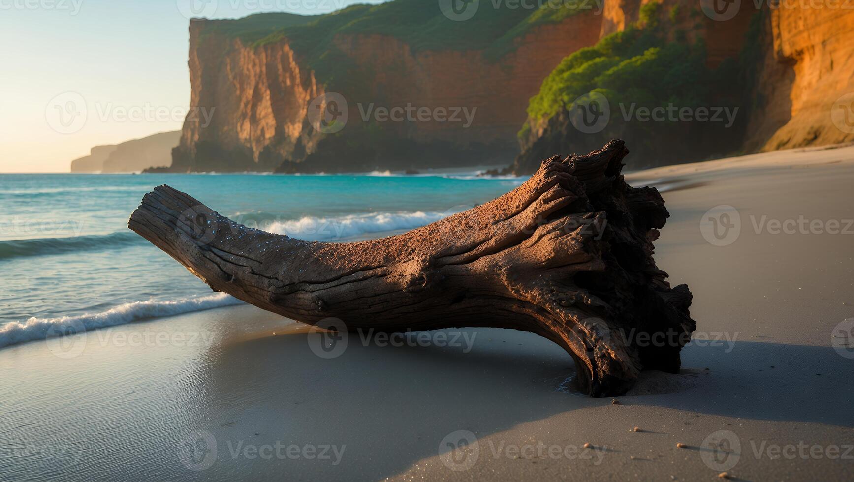 Driftwood on Sandy Beach at Sunset photo