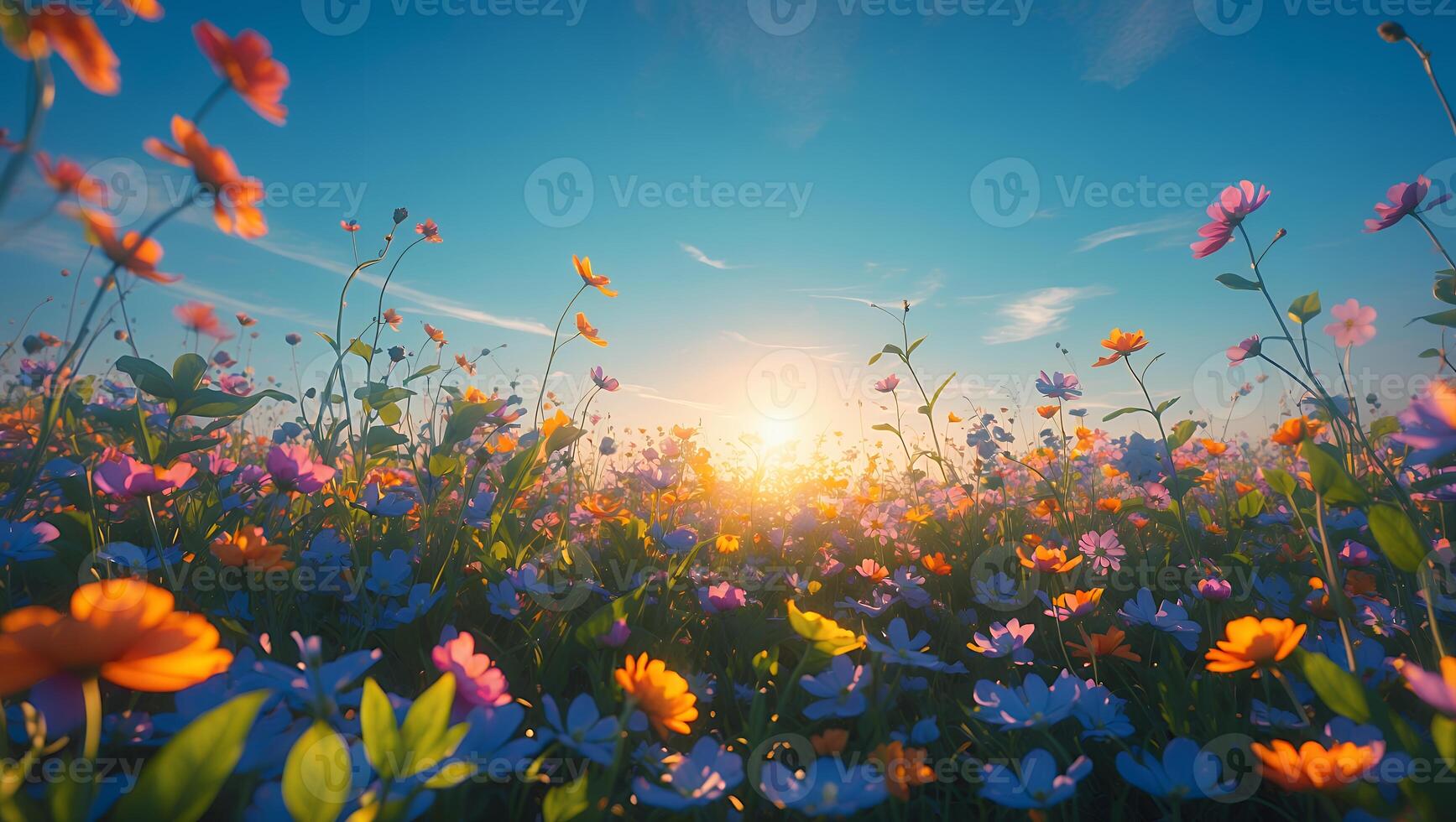 Blooming Flower Field at Sunset, Vibrant Spring Meadow with Wildflowers photo