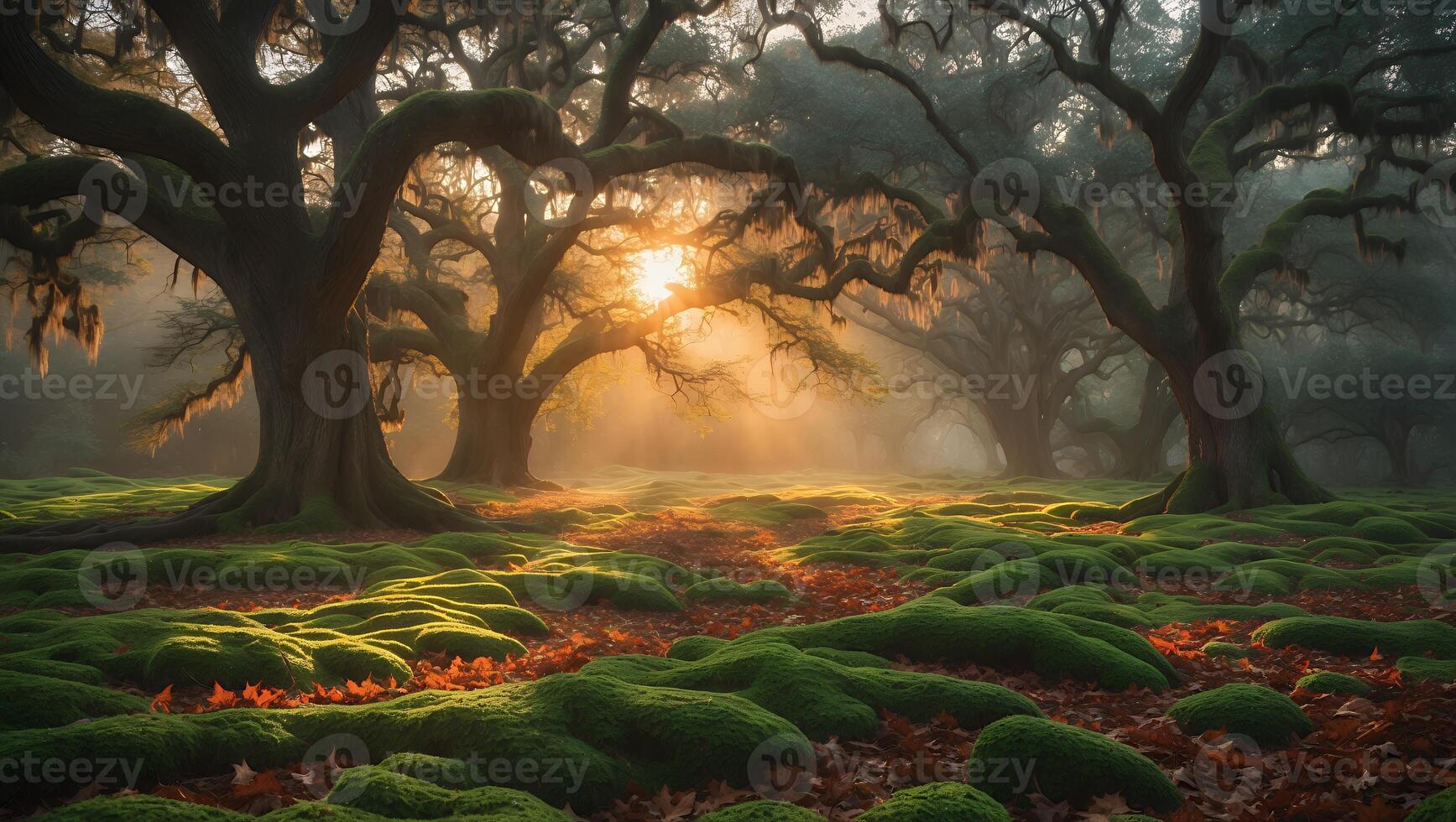 Sunlit Forest with Moss and Trees photo