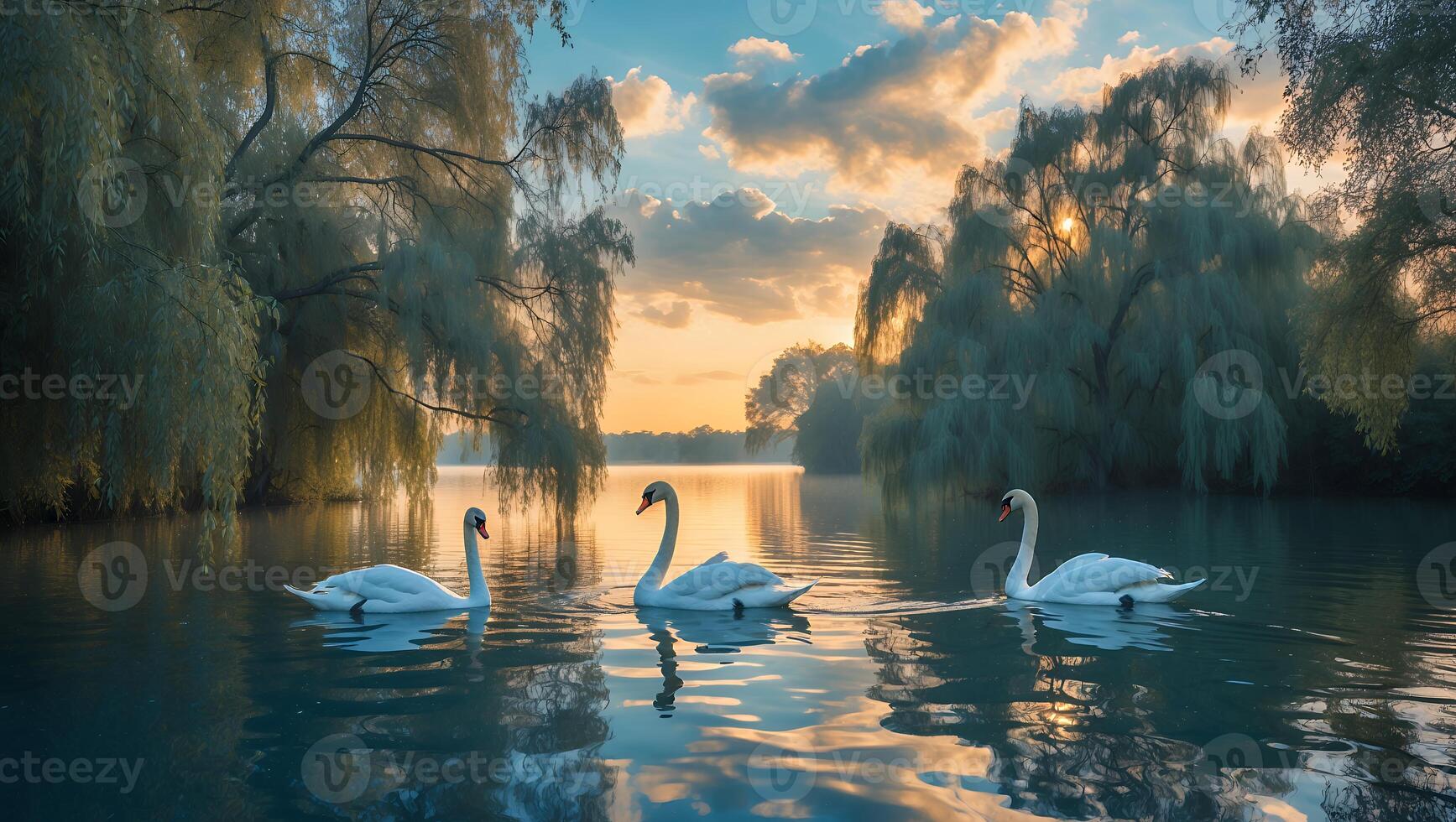 Swans on the lake at sunset photo