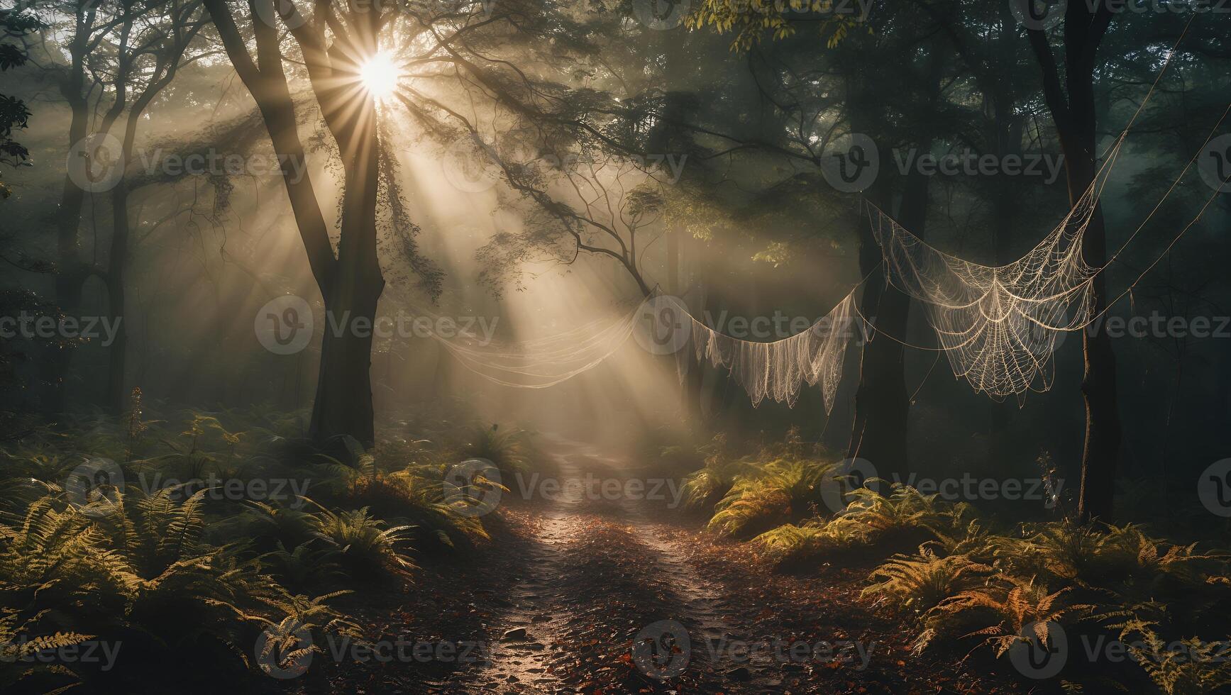 Spiderwebs in Forest with Sun Rays on Path photo