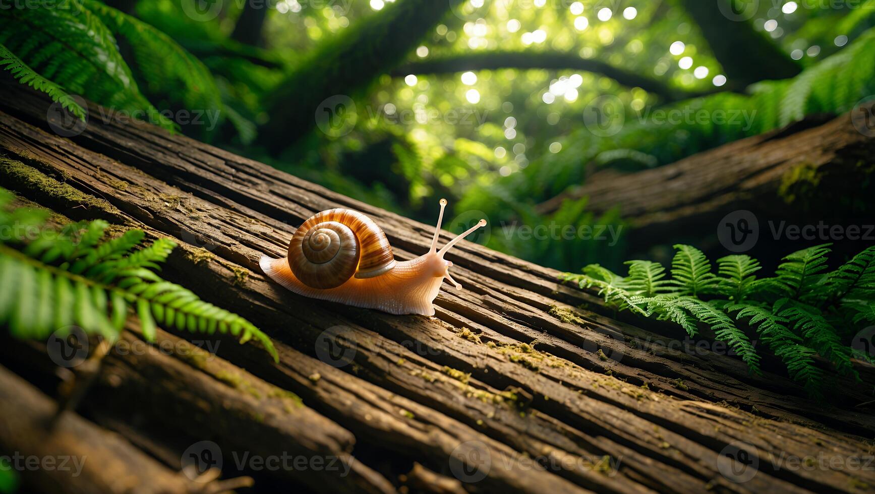 Snail Crawls on a Mossy Log in a Lush Green Forest photo