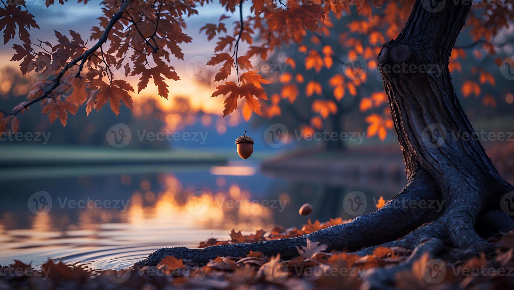 Acorn Falling Into Lake Surrounded by Autumn Leaves photo