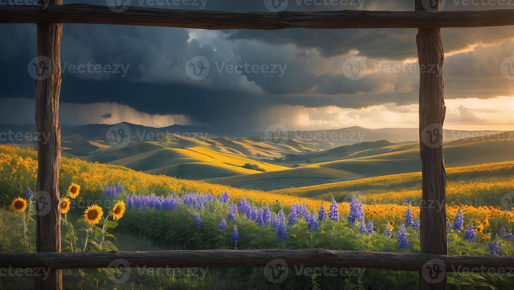 Rolling Hills Landscape with Flowers Under Stormy Sky photo
