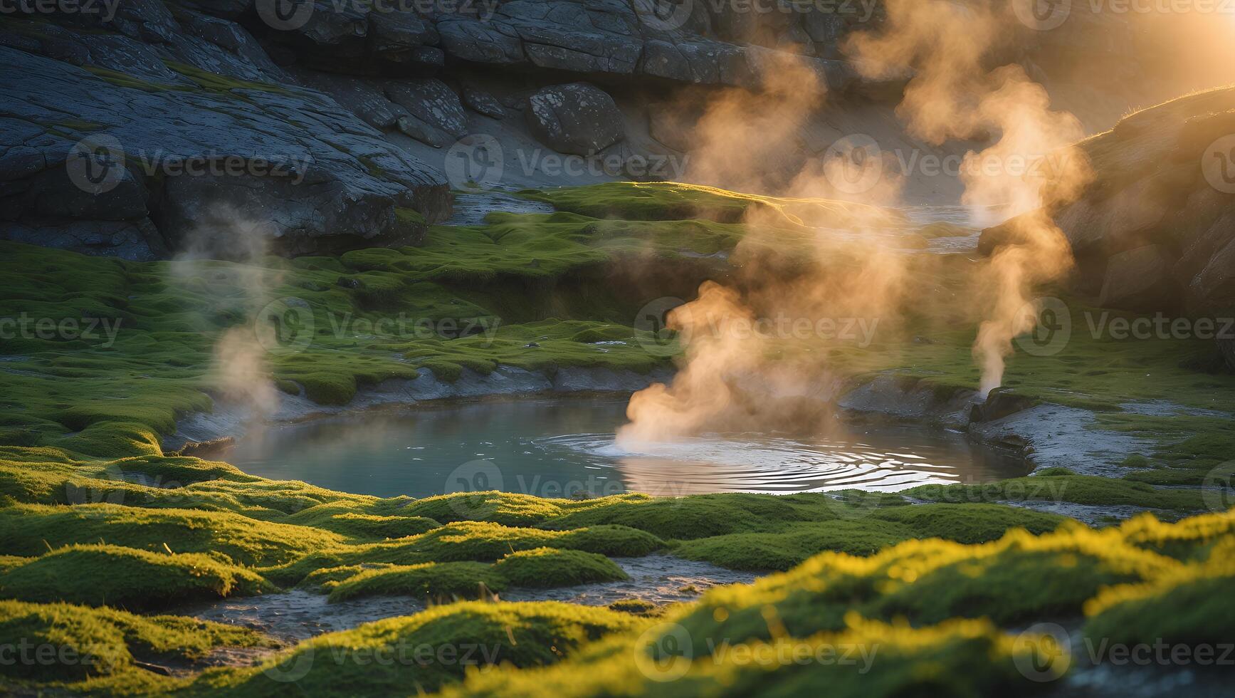 Geothermal Pool with Moss and Steam in Natural Landscape photo
