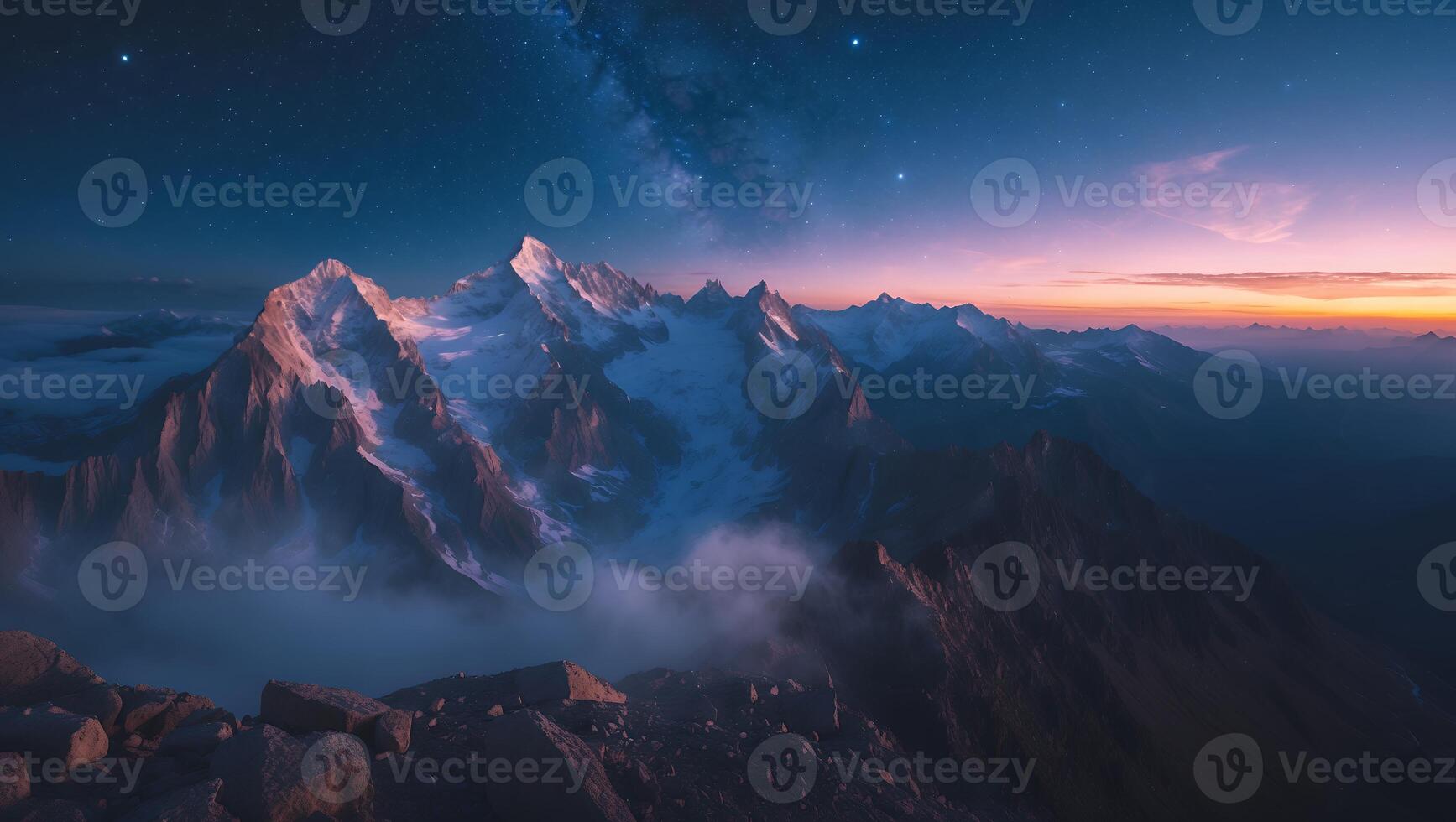 Snowy Mountain Range at Dusk with Milky Way Backdrop photo