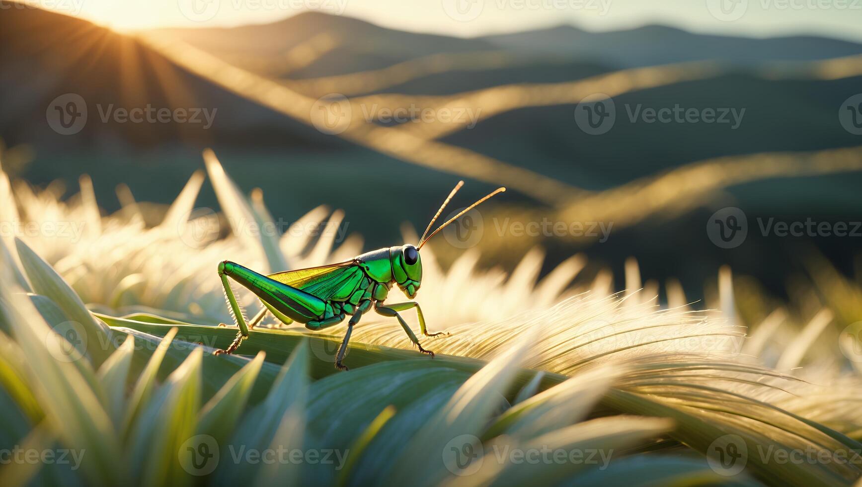 Green Grasshopper Standing on Leaf in Meadow at Sunrise photo
