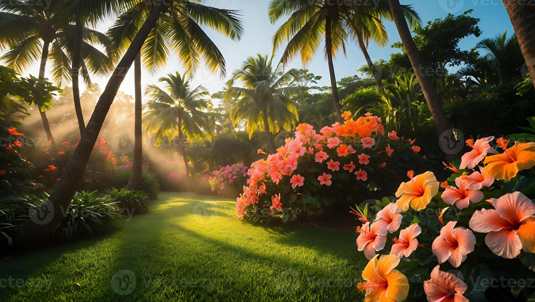 Tropical Garden with Palm Trees and Hibiscus Flowers photo