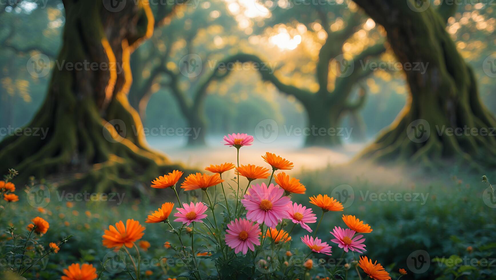 Pink and Orange Flower with Old Tree in Misty Forest photo