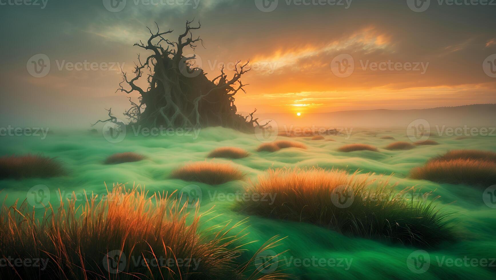 Landscape with Tree Sunrise Grass and Fog photo