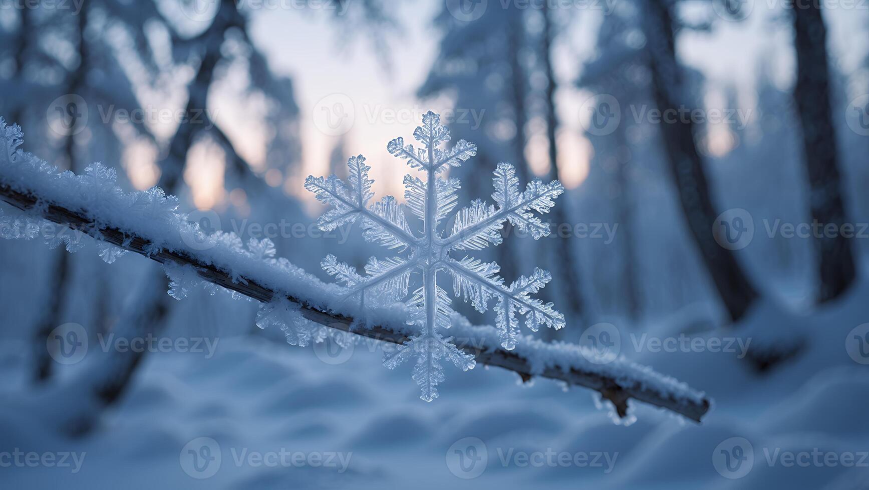 Snowflake on Branch in Winter Forest photo