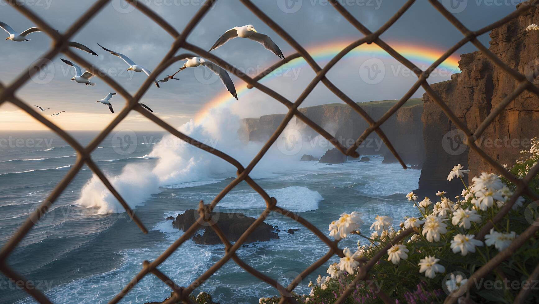 Coastal View of Cliff and Ocean Waves with Rainbow and Seagulls photo