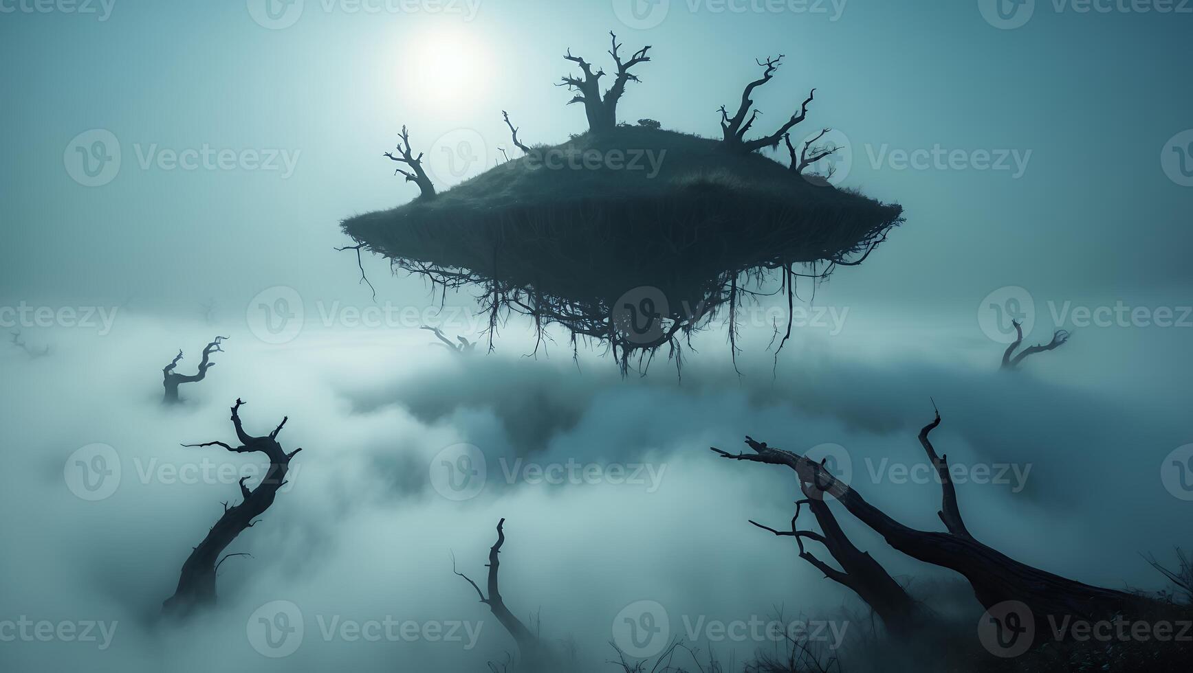 Floating Island in Mist with Dead Trees photo
