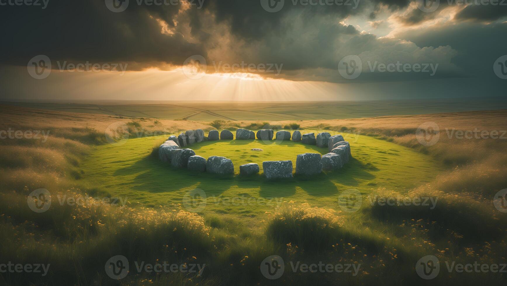 Stone Circle on Green Hill Under Dramatic Sky in Rural Landscape photo