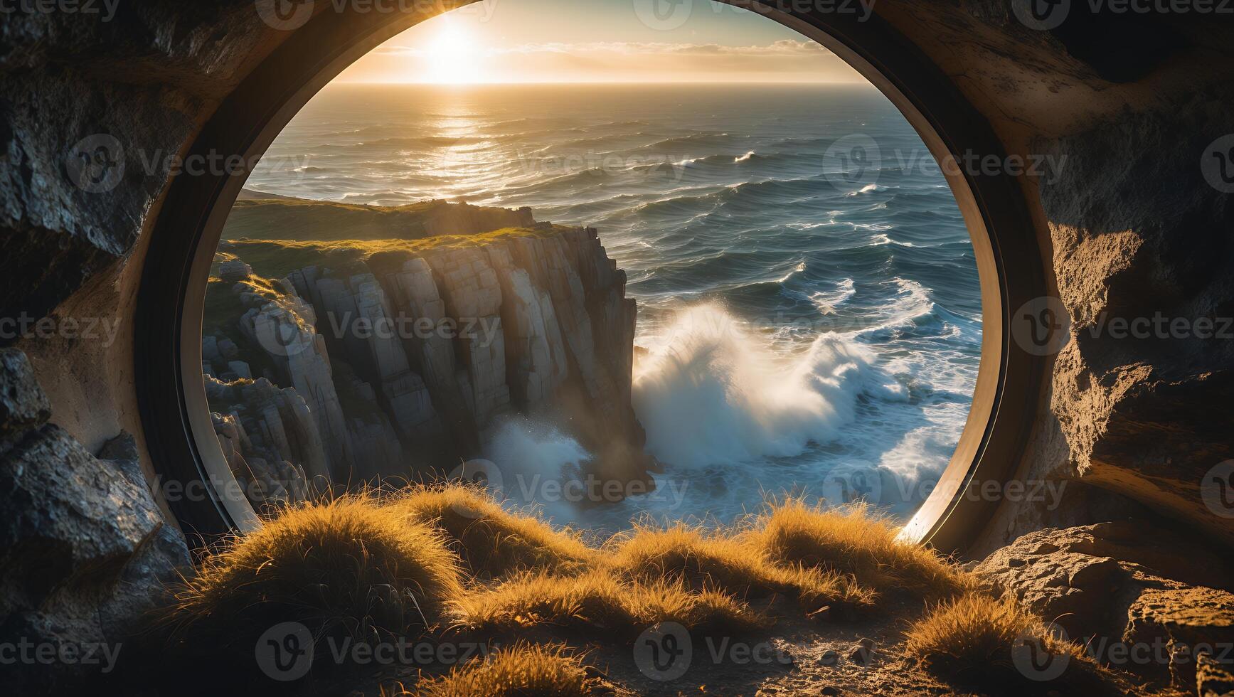 Ocean View From Stone Window at Sunset photo
