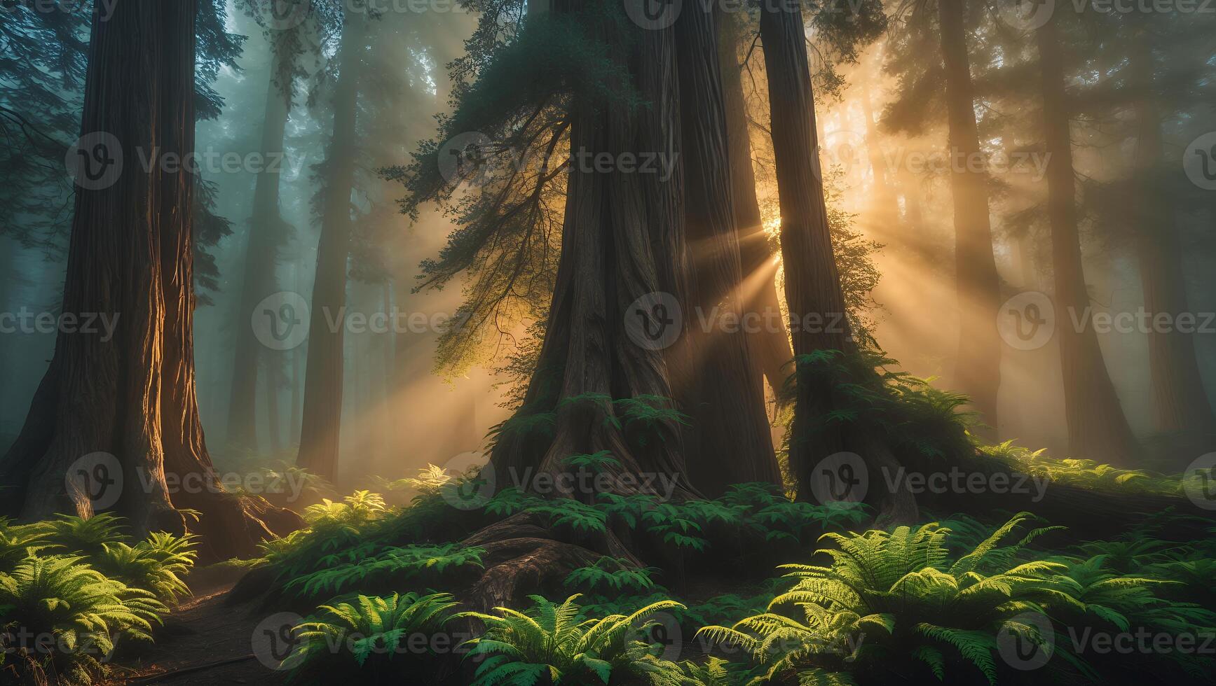 Sun Rays Through Redwood Forest Trees and Green Ferns photo