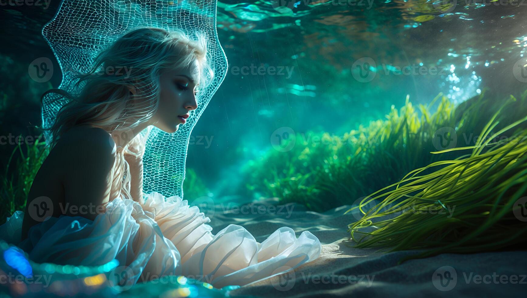 Woman with Net in Ocean with Seaweed and Sand photo