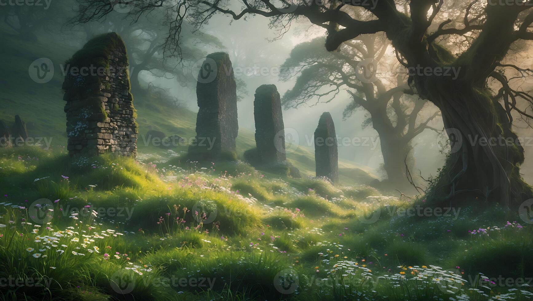 Standing Stones in Misty Field with Tree photo