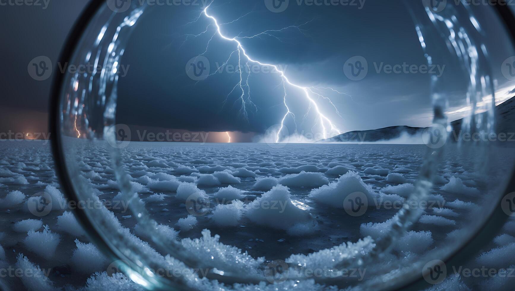 Lightning Strike Over Icy Landscape Viewed Through Glass Object photo